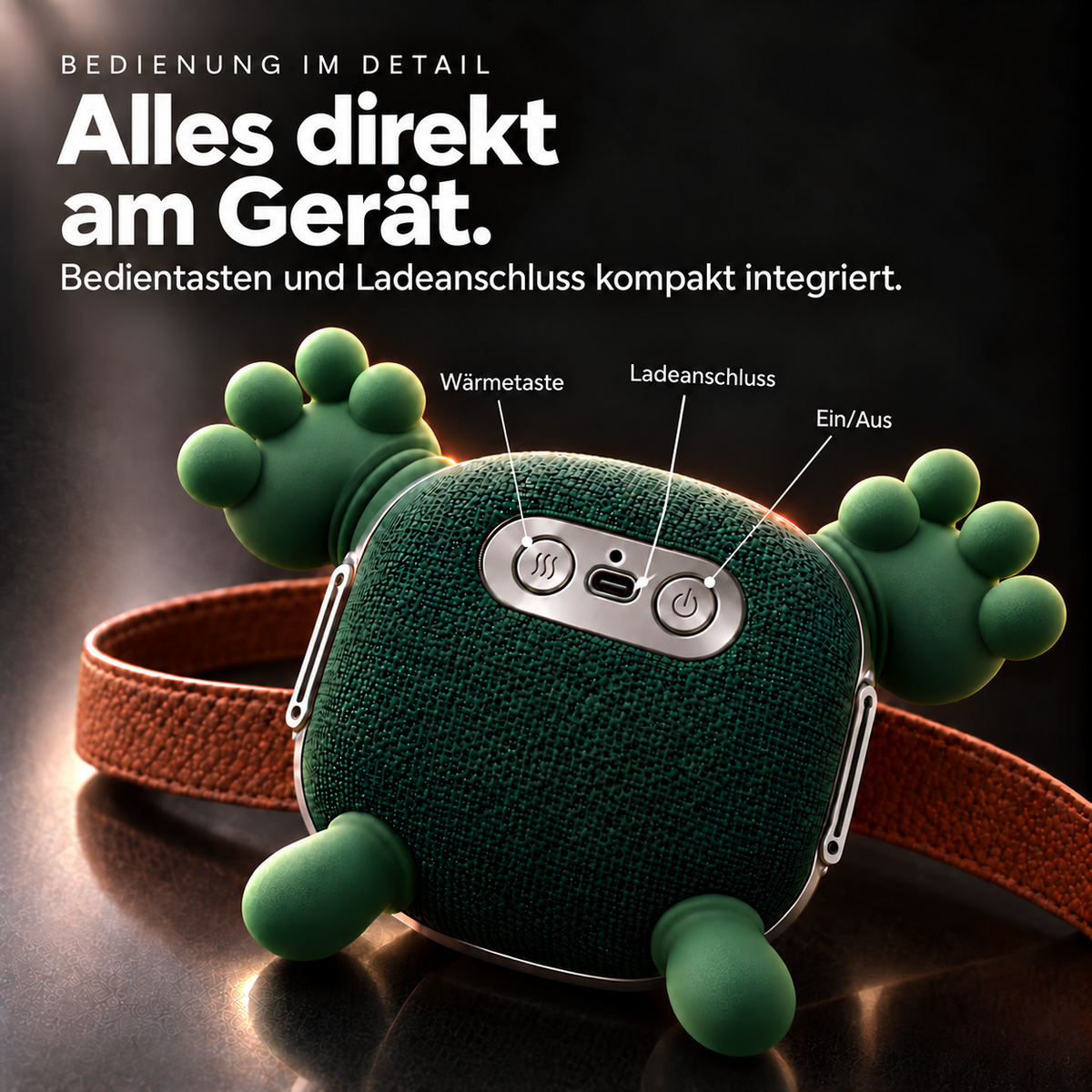 Bedienung und Ladeanschluss des Moo Massage-Roboters